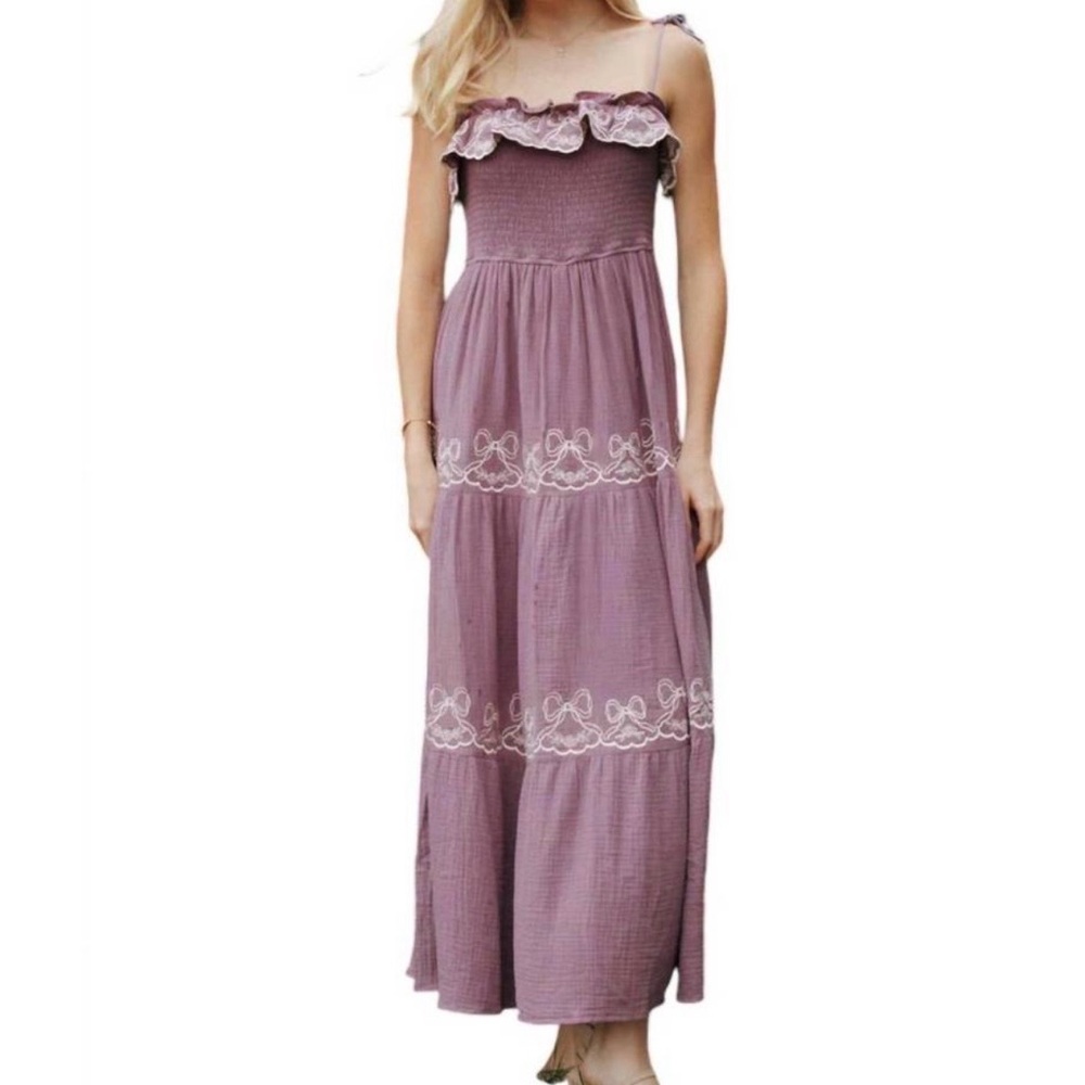 Mabel Smocked Ruffle Maxi Dress in Dusty White Mauve